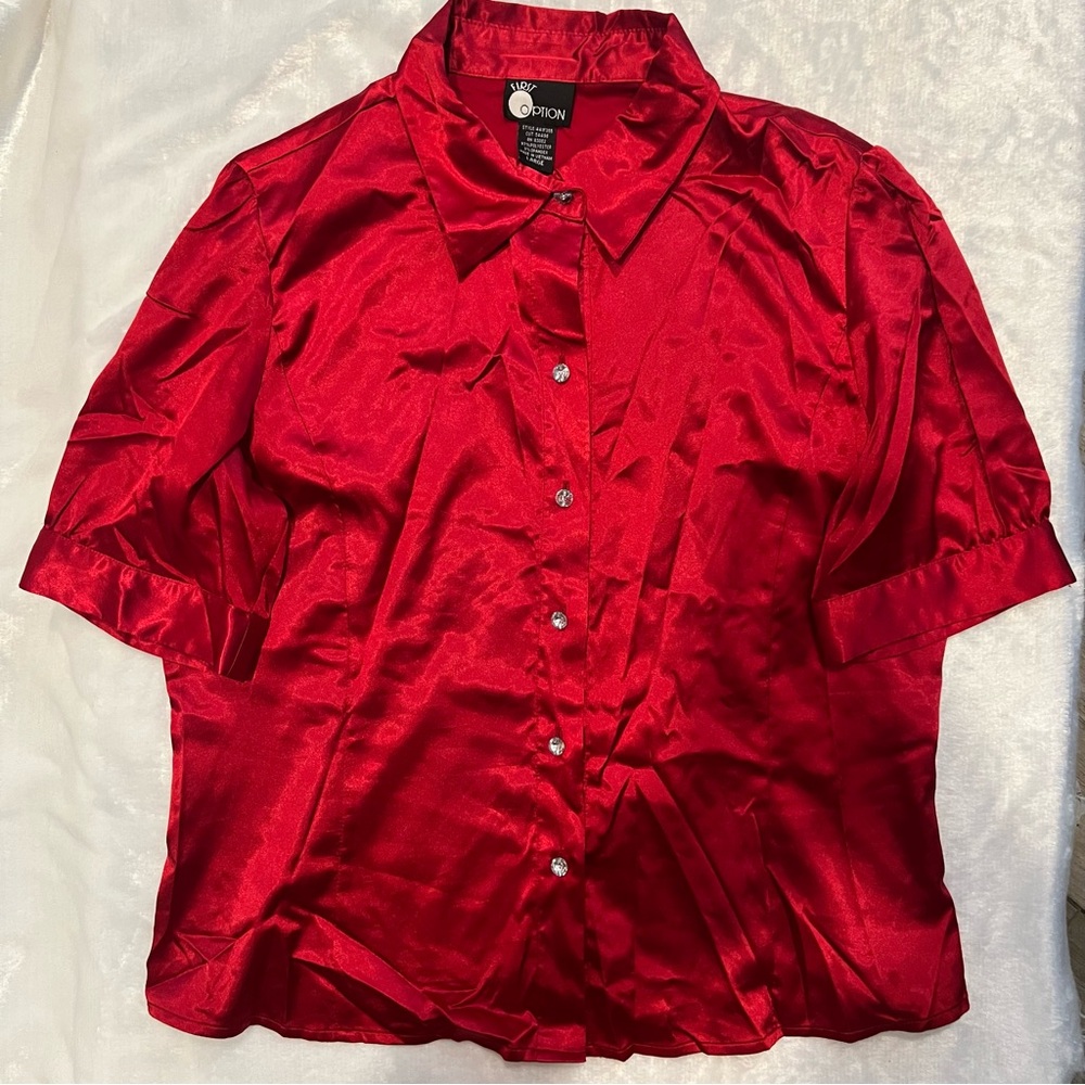 Vintage 90s First Option Red Satin Puff Sleeve Rhinestone Buttons Shirt Sz L EVC